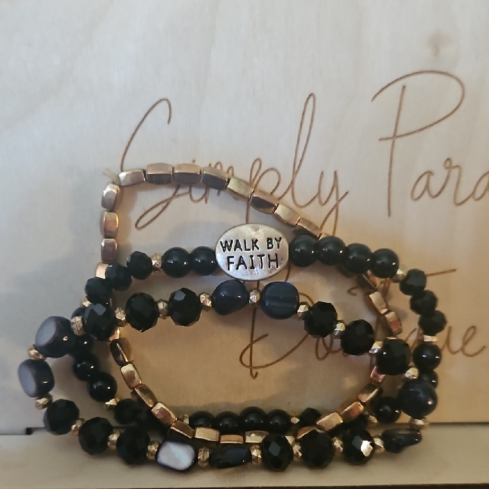 Black and Gold Beaded Bracelet Set Walk By Faith Stackable